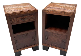 Two Art Deco Nightstands or Bedside Tables with Multi-Colored Marble Tops, 1930s